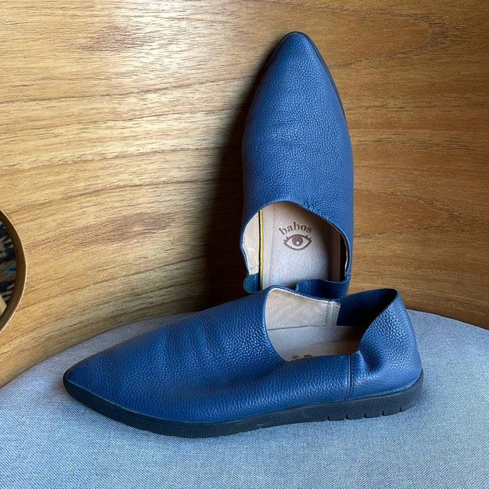 Blue Leather Pointed Slip-On Flats